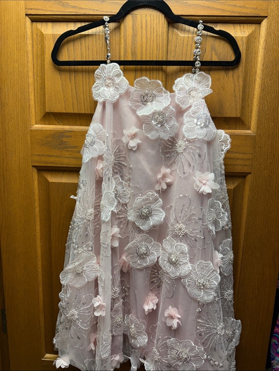 Miss Rosier Dresses & Skirts - Delicate Pink Floral Appliqué Dress with Beaded Straps